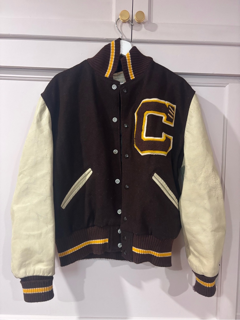 Source Unknown Brown & Cream Varsity Jacket with Yellow Trim